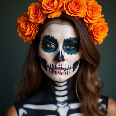 Woman with skull makeup and flowers