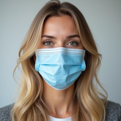 Woman wearing blue mask indoors