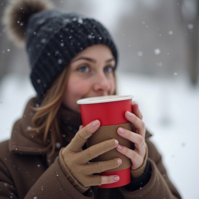 Woman enjoys drink in snow
