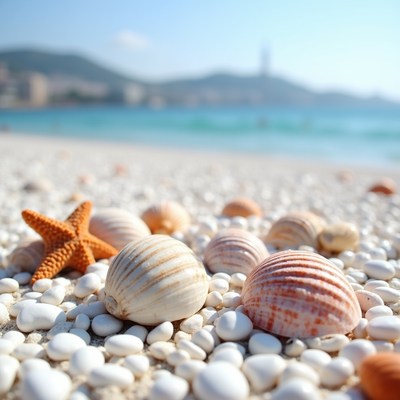 Seashells and starfish on sandy beach