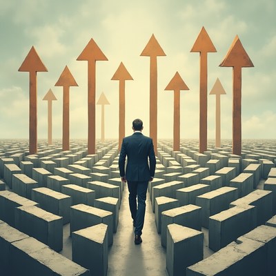 Man walking towards arrows in maze