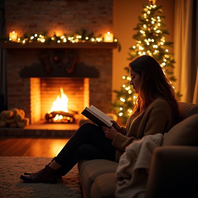 Cozy evening by the fire with a book