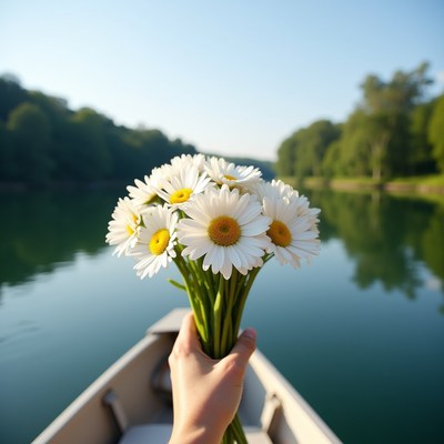 Hand holding daisies on a boat
