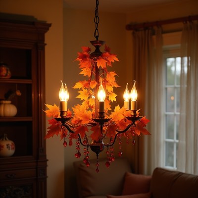 Chandelier decorated with autumn leaves
