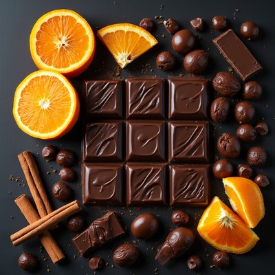 Dark chocolate and orange mix on black surface