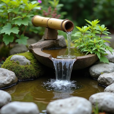Water flowing from bamboo into pond