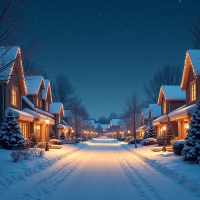 Winter night in a quiet neighborhood
