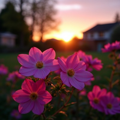 Sunset with pink flowers in garden