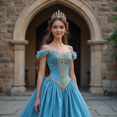 Model in blue dress poses outside castle