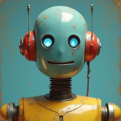 Vintage robot with bright blue eyes