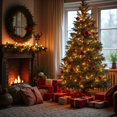 Christmas tree and gifts in cozy room