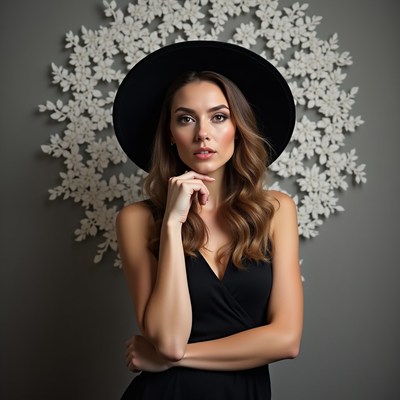 Woman with black hat posing indoors