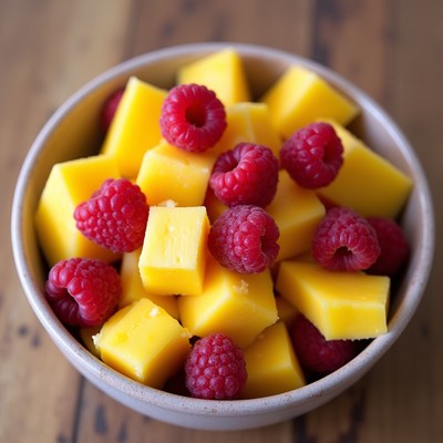 Bowl of mango and raspberry pieces