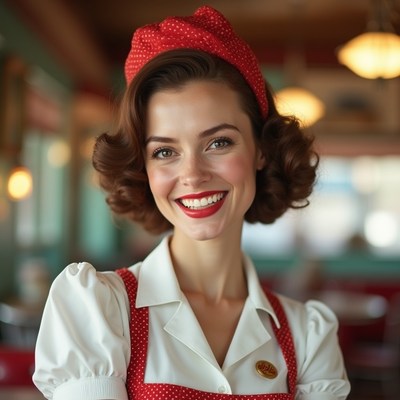 Smiling waitress in retro diner attire