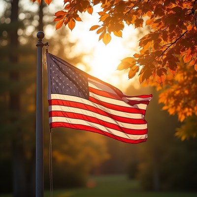 American flag waving in autumn