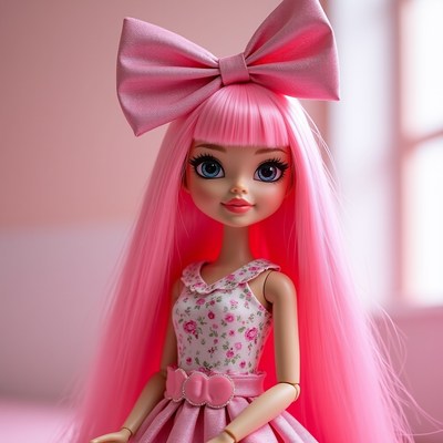 Doll with pink hair and bow