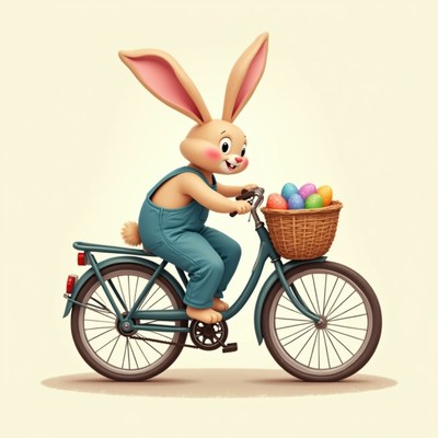 Bunny riding bike with colored eggs