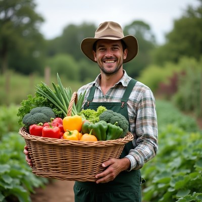Farmer with fresh vegetables in garden