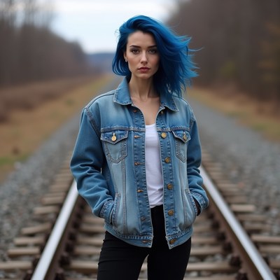 Woman with blue hair on railroad tracks