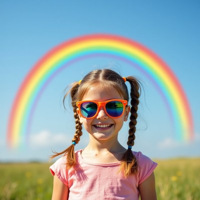 Girl smiling under a rainbow