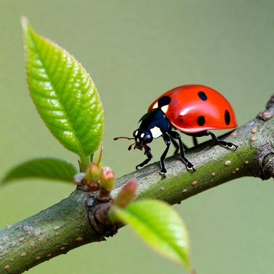 Ladybug on a green leaf in spring