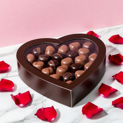 Heart-shaped box of chocolates with rose petals