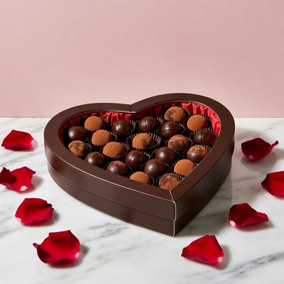 Heart-shaped chocolate box on table