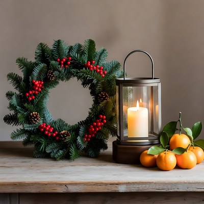 Festive wreath and lantern display at home