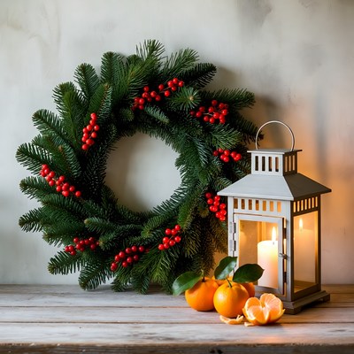 Holiday wreath with lantern and fruit