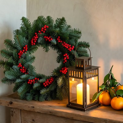 Holiday decor with wreath and lantern