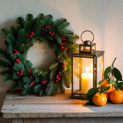 Holiday decorations with lantern and fruit