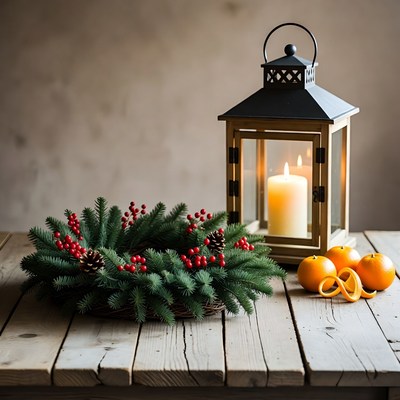 Holiday decoration with lantern and fruits