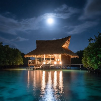 House on water at night