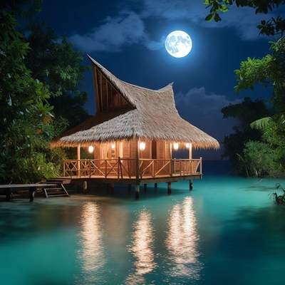 Moonlit hut by the water