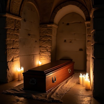 Coffin in a dimly lit crypt