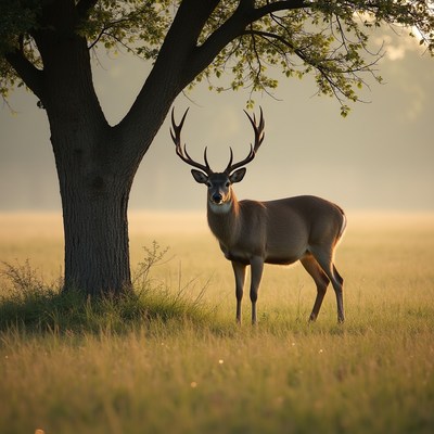 Deer standing under tree during sunrise