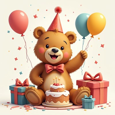 Bear celebrates with balloons and cake