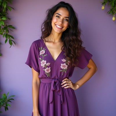 Smiling woman in purple dress