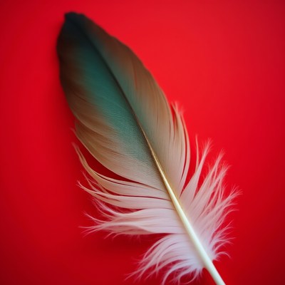 Colorful feather on red surface