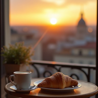 Breakfast at sunrise in the city