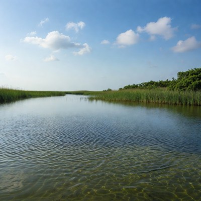 Clear water flows through green wetlands