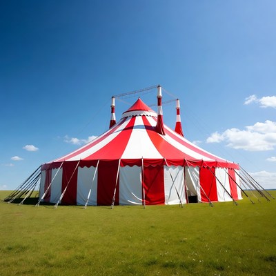 Red and white circus tent on green field