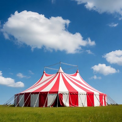 Red and white circus tent setup in the field