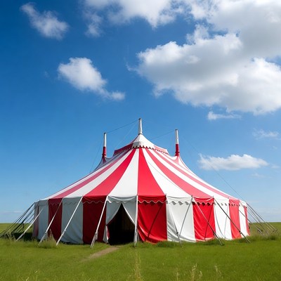Red and white circus tent in open field