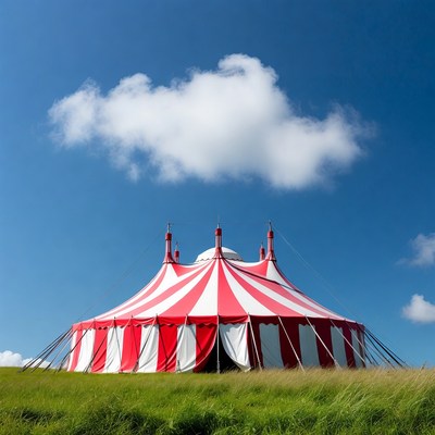 Red and white striped circus tent in open field