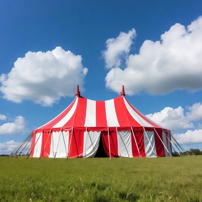 Bright circus tent on green field