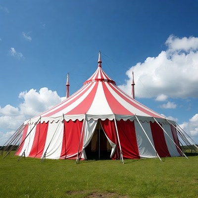 Red and white circus tent stands on grass