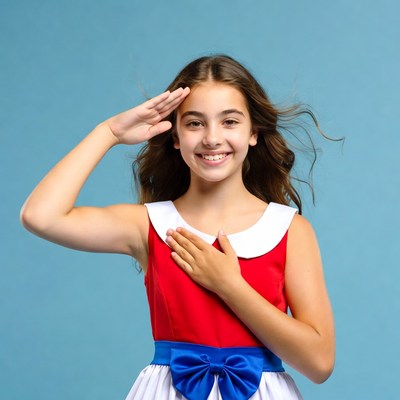 Girl in costume saluting for camera