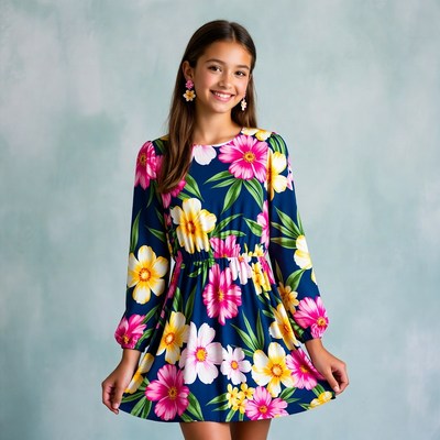 Young girl in floral dress smiling