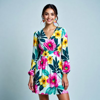 Woman in floral dress smiles at camera